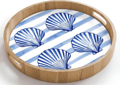 Dienblad rond 40x40 cm - Schootdienblad hout - Vier schelpen - Blauw - Wit - Strepen - Borrelplank rechthoek - Plateau houten dienbladen