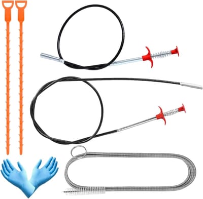 Buisreinigerset - grijpers en afvoerreinigers - flexibele klauwgrijpers - spiraal - afvoerborstel - nitrilhandschoenen - verwijderen verstoppingen - haar - etensresten - grof vuil
