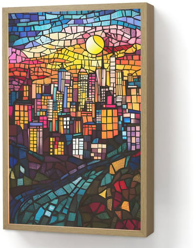 Wandlamp 40x60 cm - Oplaadbaar - Stad - Maan - Mozaïek - Kleurrijk - Wandlampen binnen woonkamer - Slaapkamer lamp - Decoratieve nachtlamp - Vloerlamp draadloos