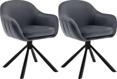 BukkitBow - Luxe Set Eetkamerstoelen Velvet/Fluweel - Kuipstoel met Rug en Armleuning en Metalen Poten - 365 Graden Draaibaar Onderstel - Set van 2 Stuks - Zithoogte 49.5CM - Donker Grijs