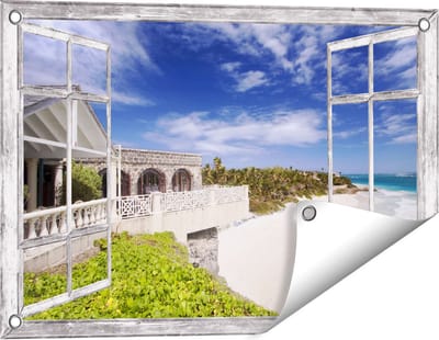 Gards Tuinposter Doorkijk Het Strandhuis - 60x40 cm - Tuindoek - Tuindecoratie - Wanddecoratie buiten - Tuinschilderij