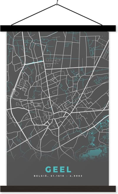 Posterhanger incl. Poster 40x60 cm - Schoolplaat - Kaart – Plattegrond – Stadskaart – Geel – België - Grijs - Textielposter - Zwarte latten - Stadskaart