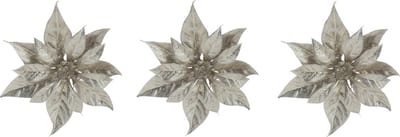 Decoratie bloem kerststerren - 3x stuks - champagne glitter - op clip - 18 cm - kerstboomversiering