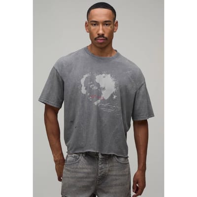 Oversized Gekrompen Distressed Grunge Print Vintage Gewassen T-shirt | Washed Charcoal | Size XS