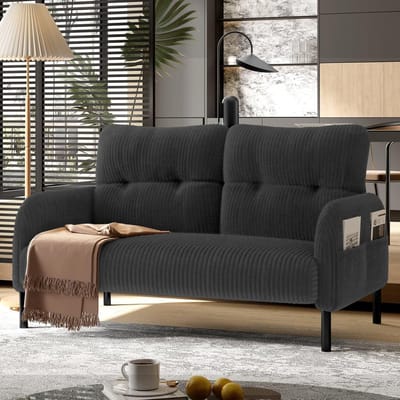 Tweezitsbank Corduroy - Kleine bank - Woonkamer - Zijvakken - 120 cm breed - Grijs