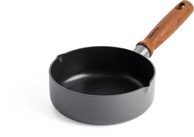 GreenPan Mayflower Pro keramische steelpan 16 cm - inductie steelpan - inductie pan - PFAS-vrij - grijs - houten handvat