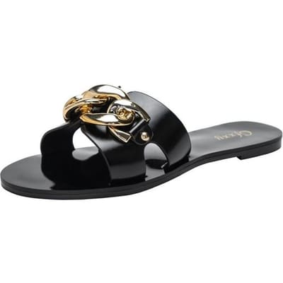 Grote maat nieuwe dames zomer slippers, modieus, zwart, versierd met metalen ketting, plat, met modieuze dames sandalen met ronde neus, strandschoenen 42 zwart