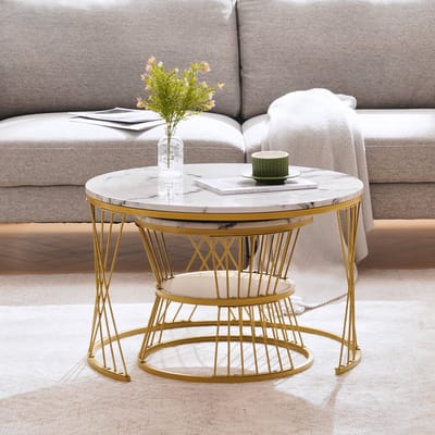 Moderne genestelde salontafels - hoogglans salontafelset - ronde bijzettafel met marmeren afwerking - 2-delige set - gouden frame