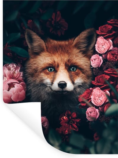 Muurstickers - Sticker Folie - Vos - Bloemen - Botanisch - Dieren - 30x40 cm - Plakfolie - Muurstickers Kinderkamer - Zelfklevend Behang - Zelfklevend behangpapier - Stickerfolie