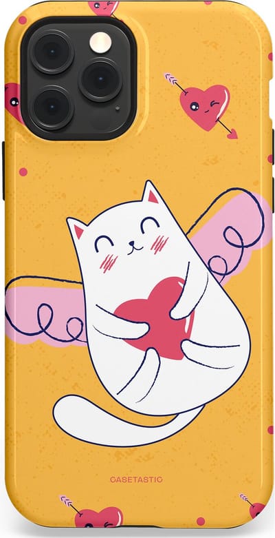 Casetastic Hoesje Geschikt voor Apple iPhone 12/12 Pro Magsafe - Stijlvolle Beschermende Duo-layer Case - Kattenflirt Geel Rode Hartjes Liefde