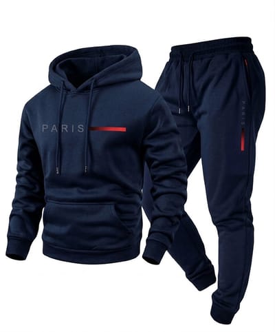 Donkerblauw fitness trainingspak heren hoodie en jogging broek sport pak met capuchon trekkoord elastische tailleband trainings set vrijetijds pak maat XL