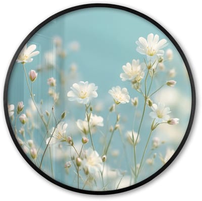 Poster in lijst Rond - Fotolijst 60x60 cm - Posters - Stengels - Bloemen - Lucht - Wit - Ronde posterlijst zwart - Decoratie - Wanddecoratie woonkamer - Muurdecoratie slaapkamer