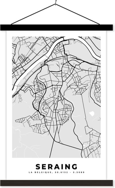 Posterhanger incl. Poster 40x60 cm - Schoolplaat - België – Seraing – Stadskaart – Kaart – Zwart Wit – Plattegrond - Textielposter - Zwarte latten - Stadskaart
