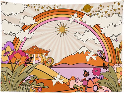 Ulticool - Regenboog Retro Vintage Zon Natuur Berg Heelal - Wandkleed - 200x150 cm - Groot wandtapijt - Poster - Decoratie Lente voor Binnen Slaapkamer Woonkamer - Beige Oranje Lila Paars