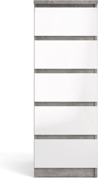 Nada kommode hoog en smal met 5 lades, betondecor/wit hoogglans.