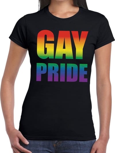Gay pride t-shirt zwart met regenboog tekst voor dames - Gay pride/LGBT kleding XS