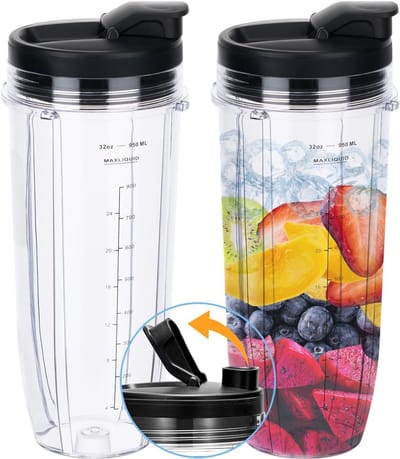 OIMG Blenderaccessoire - 32 OZ Vervangende onderdelen voor blender - 2 Stuks - Geschikt voor Nutribullet Blender - 950ml beker - met 2x Flip Top To Go-Deksel - Geschikt voor Nutri Ninja BL450 BL454 BL455 BL456 BL480 BL481 BL482 BL490 BL640 BL642...