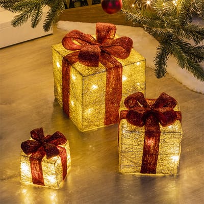 HI - Kerstverlichting - geschenkdoos - met - rode - linten - 3 - st - LED
