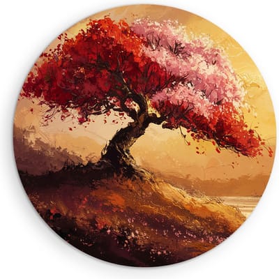 Saammp Muurcirkel Hout - Abstracte Boom met rode bladeren - Landschap - Natuur - Ø 90 - Wandcirkel - Wanddecoratie Cirkel - Muurdecoratie Woonkamer - Slaapkamer decoratie - Rond Schilderij