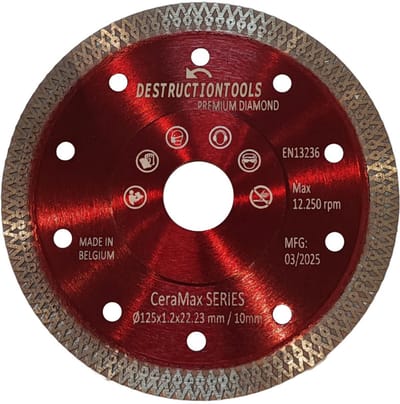 Destructiontools diamant zaagblad 125mm - voor keramische en harde tegels - haakse slijper - droog snijden - asgat 22,23mm | CeraMax Series