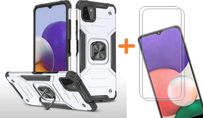 Hoesje Geschikt Voor Samsung Galaxy A22 Hoesje Heavy Duty Armor Hoesje Zliver - Hoesje Geschikt Voor Samsung Galaxy A22 5G Case Kickstand Ring cover met Magnetisch Auto Mount- Hoesje Geschikt Voor Samsung Galaxy A22 5G screenprotector 2 pack