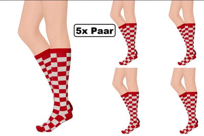 5x Paar kousen rood/wit geblokt maat.41-46 - Brabant Carnaval thema feest party fun optocht festival