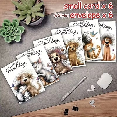 12x Verjaardagskaarten Set met Enveloppen – Grappige Dieren Wenskaarten met Hond & Kat Illustraties – 6 Designs – Blanco Binnenkant – Verjaardag Kaarten voor Familie, Vrienden en Kinderen