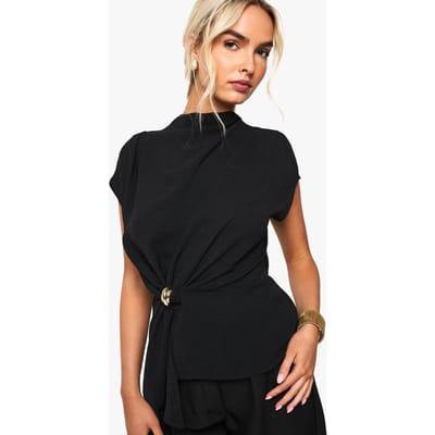 boohoo Dames Gehamerde blouse met cowlneck en gouden afwerking | Zwart | Maat: 34