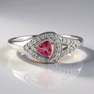 Cavill - 925 Sterling Zilver Ring - Geplatineerd - Nigeriaanse Roze Toermalijn 0,20 ct - Triljant Pavé Zirkonen - Modern Chique