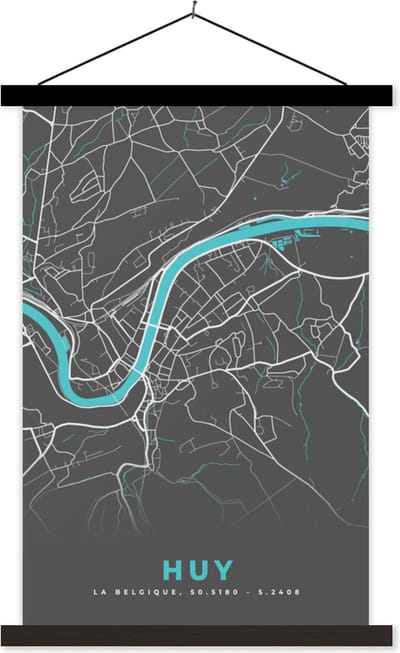Posterhanger incl. Poster 40x60 cm - Schoolplaat - Plattegrond – Huy – Blauw – Stadskaart - Kaart - België - Textielposter - Zwarte latten - Stadskaart