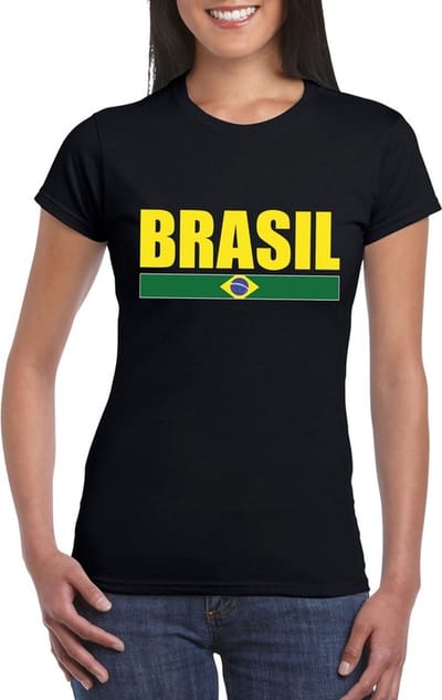 Brazilie supporters kleding t-shirt - voor dames - zwart - met vlag kleuren print - korte mouwen S