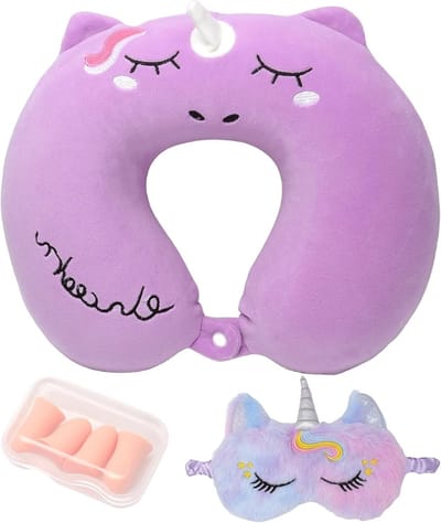 Schattig reiskussen van traagschuim voor kinderen, comfortabel neksteunkussen met oogmasker en oordopjes, ideaal voor lange ritten vanaf 4 jaar