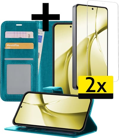 Hoesje - Met 2x Screenprotector - Geschikt voor OnePlus Nord CE4 - Luxe Pasjeshouder - Bookcase Portemonee - Flip Case - Kunstleer Book Case - Flipcase Hoes - Book Cover - Walletcase - Portemonneehoes - Telefoonhoesjes - Turquoise