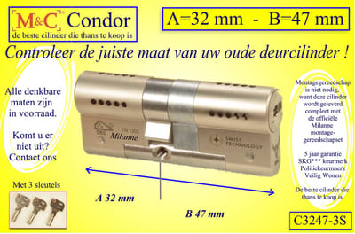 M&C Condor - High Security deurcilinder - SKG*** - 32x47 mm - Politiekeurmerk Veilig Wonen  -  inclusief gereedschap montageset