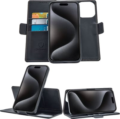 Geschikt voor iPhone 15 Pro Book Case Hoesje - Uitneembaar Hoesje - Magnetische Sluiting - Portemonnee Rustic Zwart