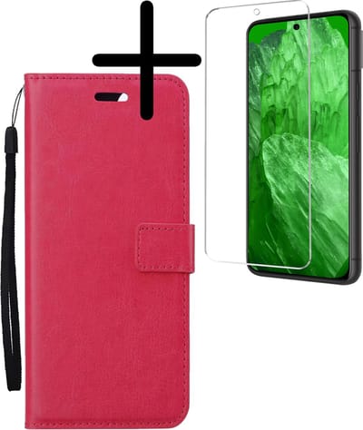 Hoesje Met Screenprotector - Geschikt voor Google Pixel 8a - Luxe Pasjeshouder - Bookcase Portemonee - Flip Case - Kunstleer Book Case - Flipcase - Book Cover - Walletcase - Portemonneehoes - Donkerroze