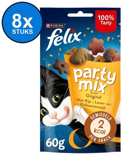 8x Felix Party Mix - Original - Kattensnack - Mix Kip, Lever & Kalkoen - 60g
