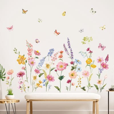 Famanu – Zomer Tuin Bloem Muurstickers Madeliefje Wildflower Gras Vlinders Muurtattoo Meisje Kamer Slaapkamer Woonkamer Achtergrond Wanddecoratie