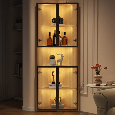 Zubaliya Hoekvitrine - 62x32x160 cm eikenlook - LED per plank - gehard glas - soft-close scharnieren