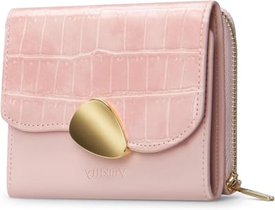 Driedelige leren portemonnee voor dames met RFID-bescherming, compacte tas met ritsvak, ideaal als cadeau, roze, trendy en praktisch