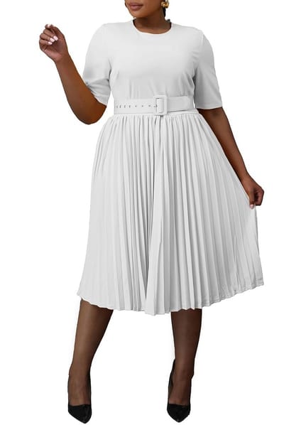 Plus Size Midi Jurk met Korte Mouw en Riem - A-lijn Jurk voor Dames