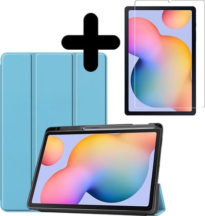 Hoesje - Geschikt voor Samsung Galaxy Tab S6 Lite - Met Screenprotector - Trifold Bookcase Hoes - Hard Cover Case - Met Uitsparing Geschikt voor S Pen - Hardcover Book - Tablethoes - Lichtblauw