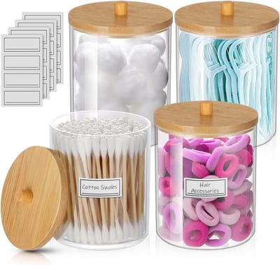 Set van 4 Qtip Houder Wattenschijfje Dispenser Wattenstaafjes Container Dispenser Wattenschijfjes Apothekerspotjes met Deksel Katoenen Bal Houder Qtip Dispenser Wattenschijfjes Opslag Badkamer Organizer voor Tandzijde