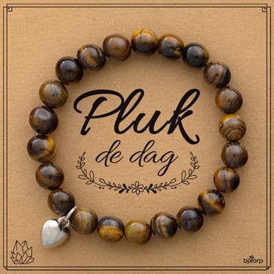 Bixorp Tijgeroog Armband op Cadeau Kaartje - Pluk de Dag - 8mm / 17cm Edelsteen Kralenarmband - Met hartje Hanger - Inclusief Cadeau Envelop