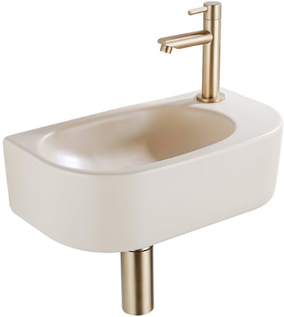QeramiQ Fuente Fonteinset - 40x21.5x12cm - rechts - glad - halfrond - 1 kraangat - keramiek - fonteinkraan geborsteld messing - afvoerplug - verlaagd sifon - beige