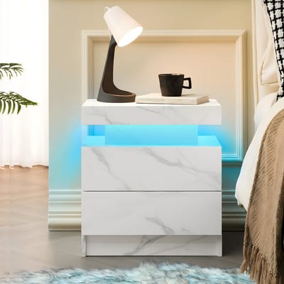 Nachtkastje - Modern LED Nachtkastje - Met 2 Lades - Wit Steenlook
