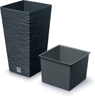 Prosperplast Plantenpot Furu Stripes - voor buiten - kunststof - antraciet - vierkant - D20xH38 cm - bloempot