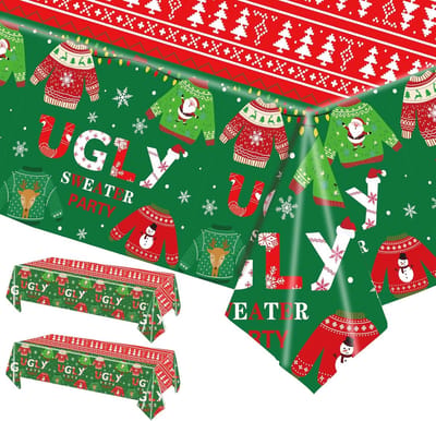 Kersttafelkleed, 2 stuks, 137 x 274 cm, groot rood rechthoekig tafelkleed voor Kerst, foute rode kersttrrui, kerstdiner, Merry Christmas, voor feestdagen, kerstfeest benodigdheden-trui
