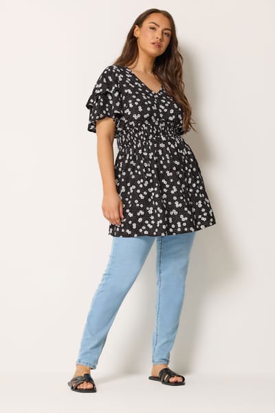 Yours Zwarte Top Met Madeliefjesprint En Wijdvallende Mouwen Size 42