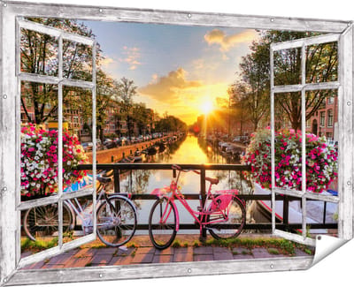 Gards Tuinposter Doorkijk Amsterdamse Brug met Zonsopgang - 180x120 cm - Tuindoek - Tuindecoratie - Wanddecoratie buiten - Tuinschilderij
